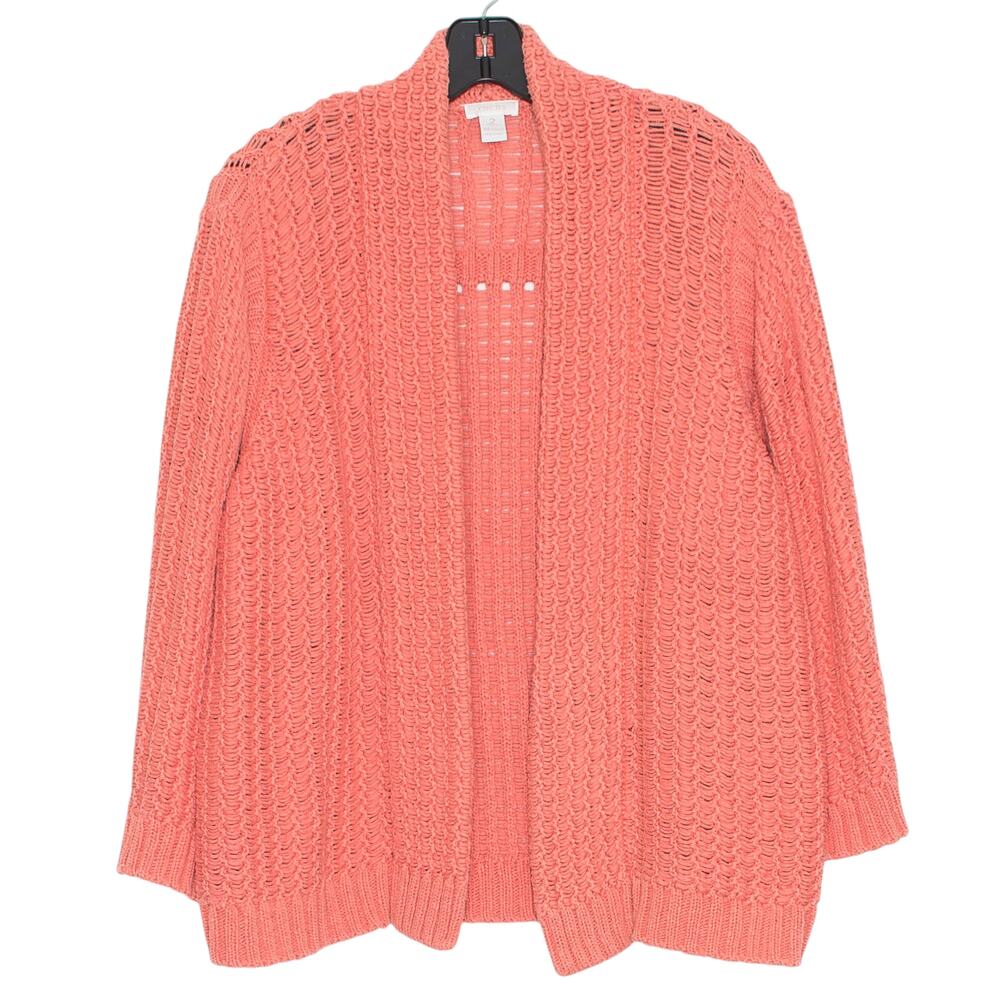 Chicos Cardigan 3/4 Sleeve Oversized Open Knit Chunky Boho Cozy Coral 2 Large 12